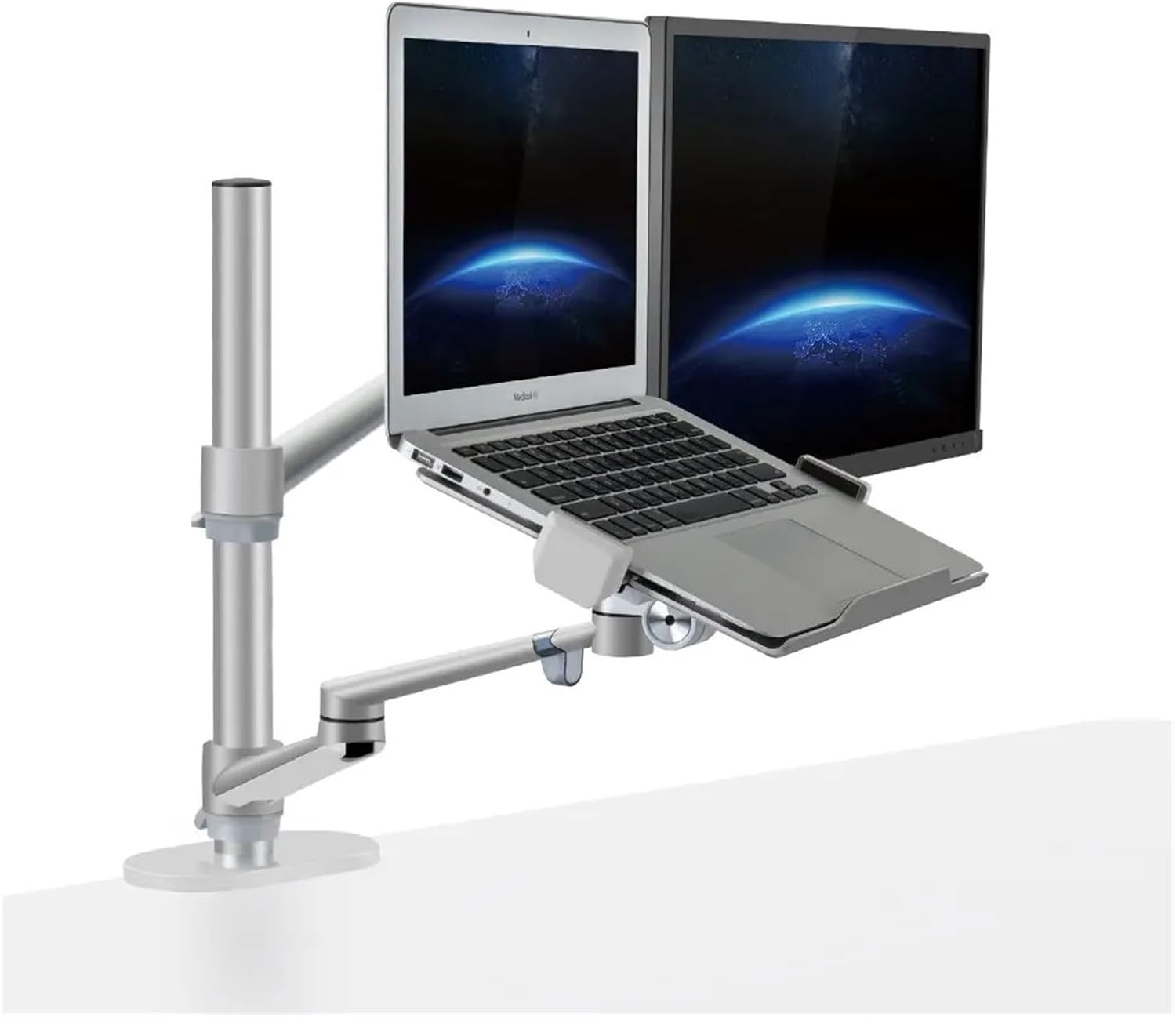 Aluminum Alloy Height Adjustable Desktop Dual Arm 17-32 Inch Monitor Stand + 12-17 Inch Laptop Stand Full Motion Mounting Arm(OLL-3L-B)