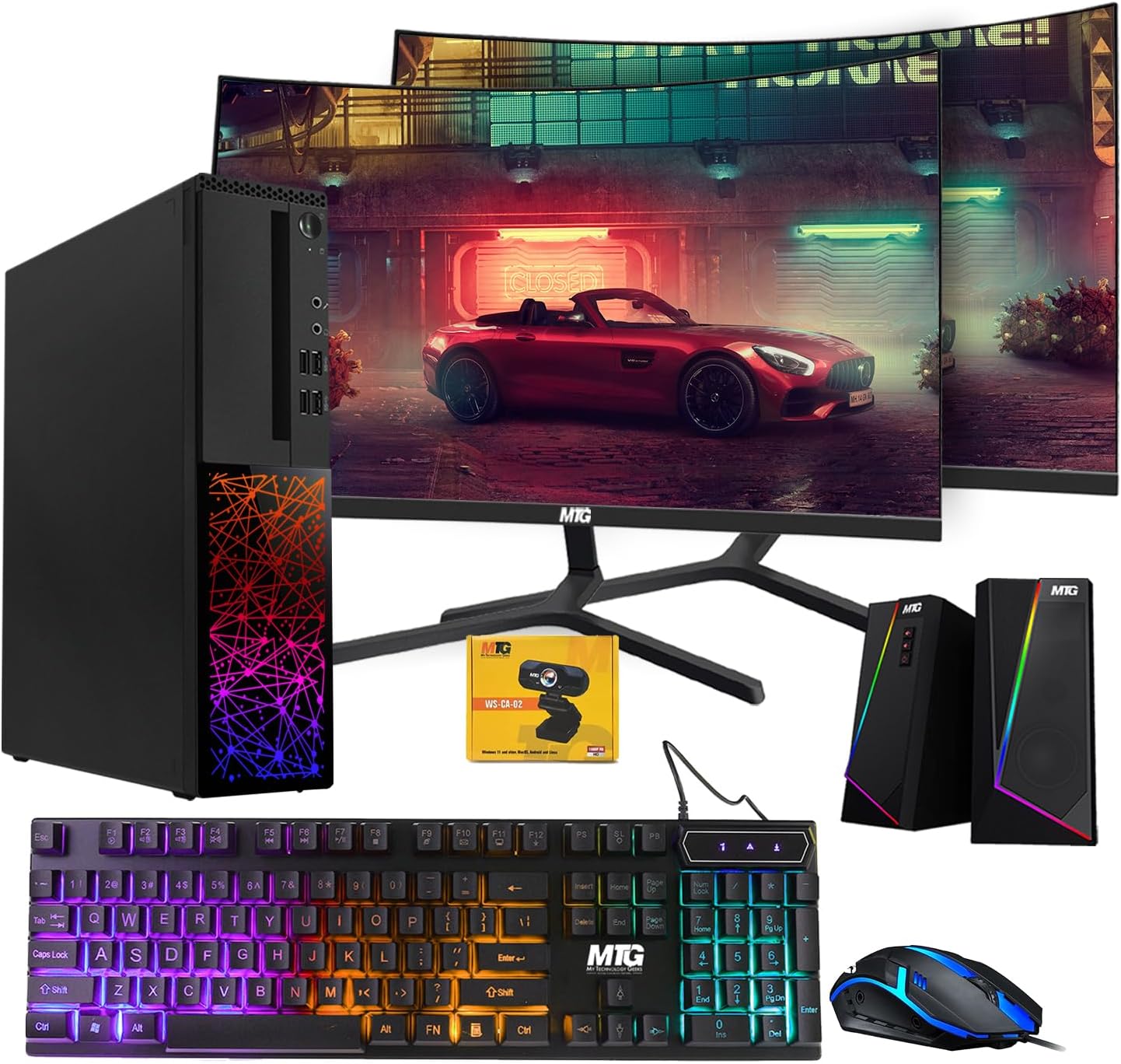 TechMagnet Gaming Desktop PC, Intel i5 6th, Galaxy, 16GB RAM, 1TB SSD | 128GB SSD, MTG New Dual 24 Inch Curved Monitor, RGB Keyboard Mouse, GT 1030, Speaker, Webcam, Windows 11 (Renewed)