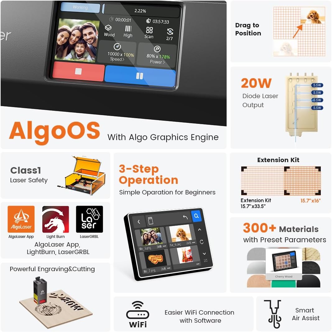 AlgoLaser Smart Laser Engraver, 20W Class 1 Laser Ccutter Machine, Built-in System, no Computer Required, Works on Metal, Wood, Acrylic, Leather, Includes air Pump Accessory.