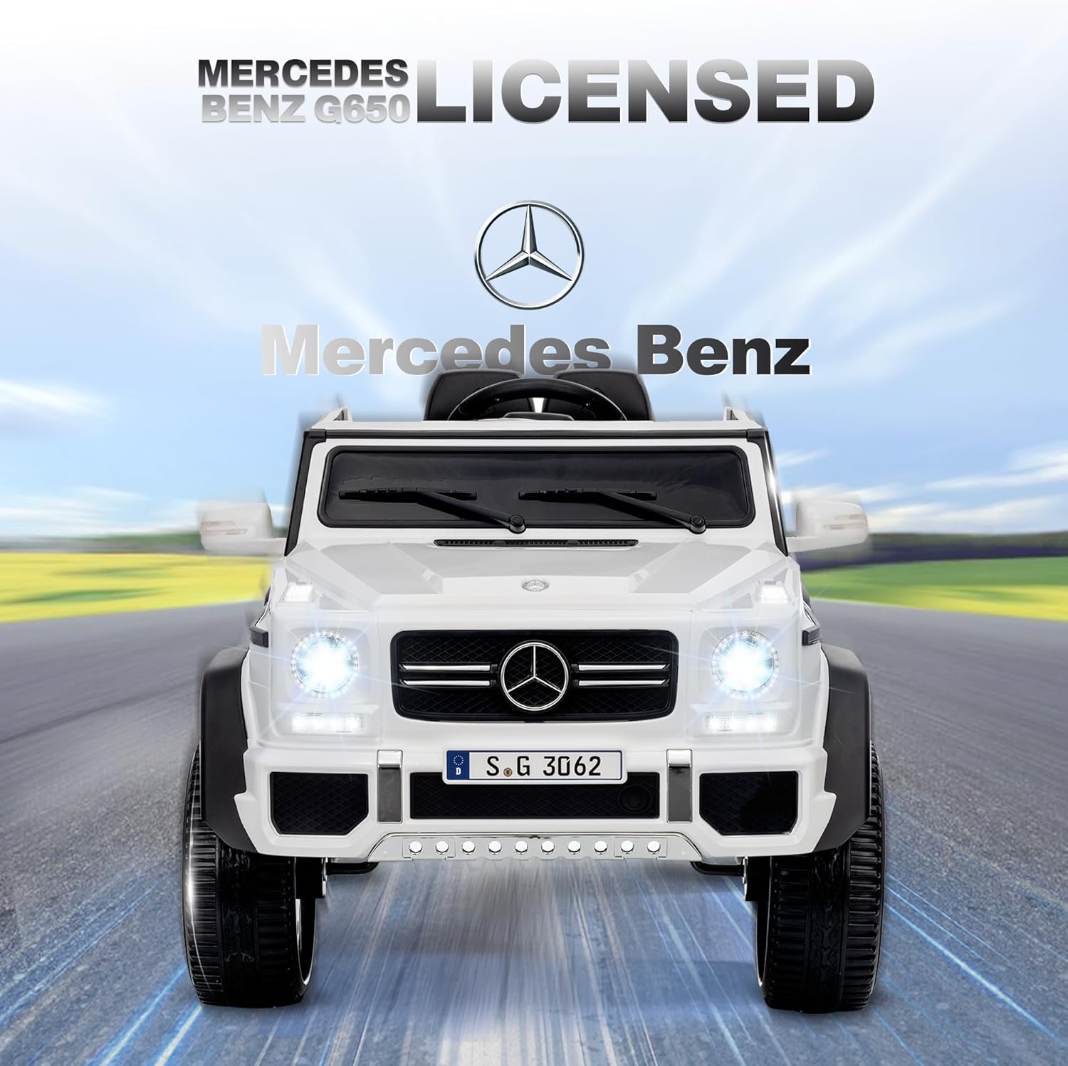 1-Seat Licensed Mercedes-Benz G650 Ride-on Truck for Kids, 12V Kids Ride-on Car Toy Vehicle, Electric Car Battery Powered for Toddlers with Remote Control, Music, Seatbelt (White, 12V)