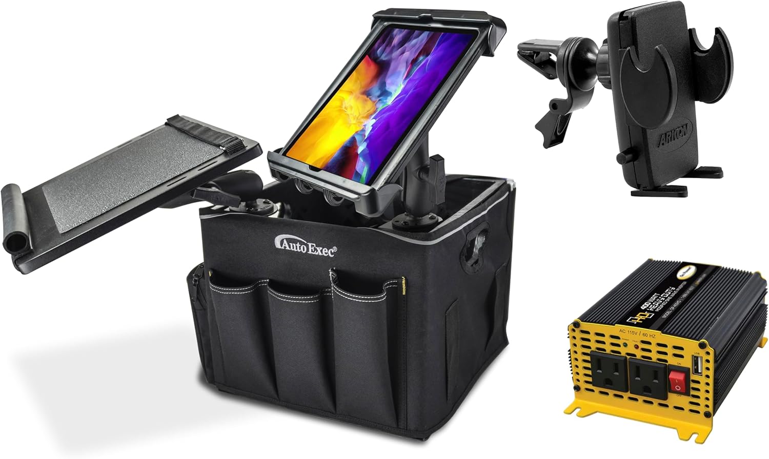 AutoExec Milkcrate Vehicle and Mobile Office Work Station with Apron Organizer, Laptop Tray, 400 watt Power Inverter, Tablet Mount and Phone Vent Clip