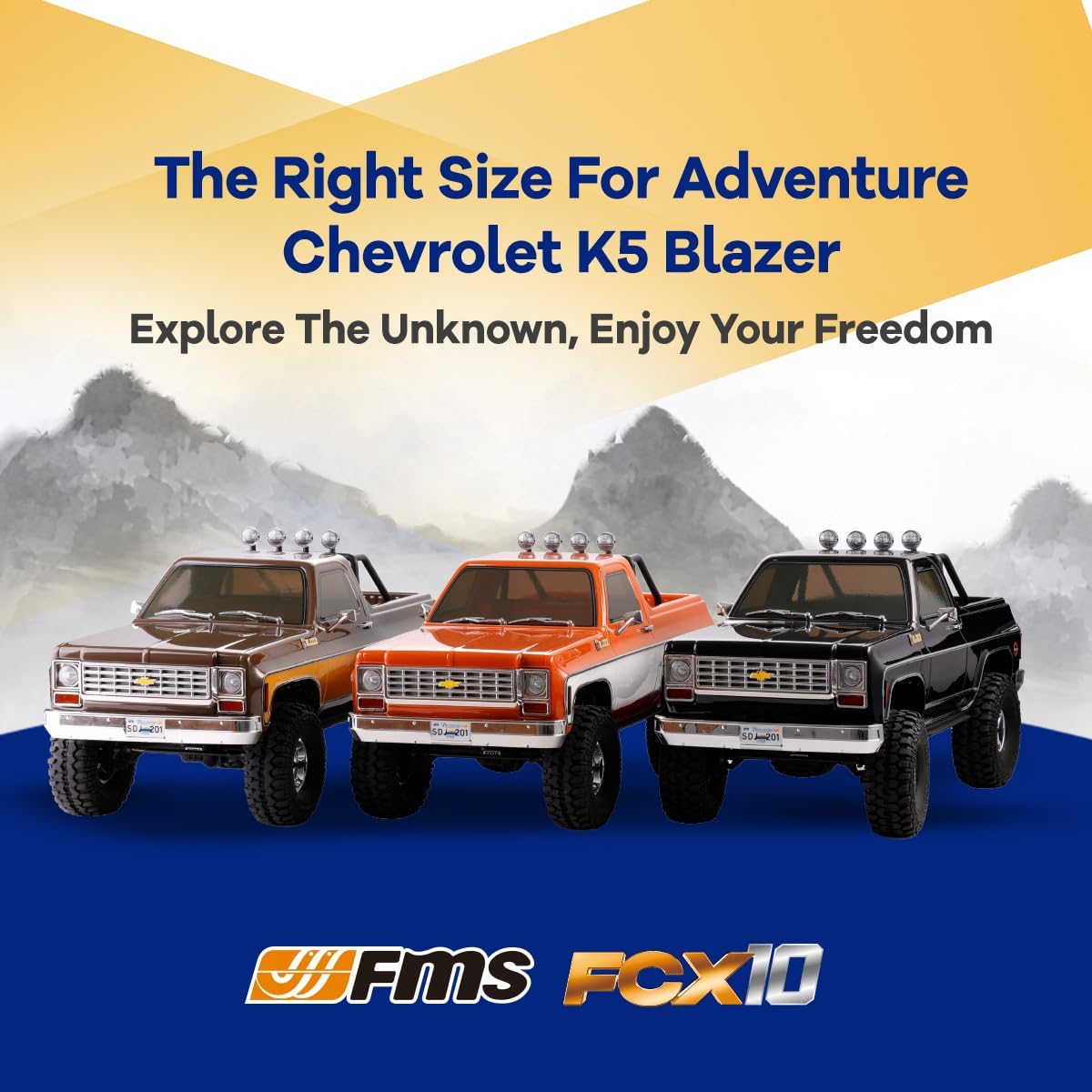 FMS 1/10 RC Crawler FCX10 Chevy K5 Blazer Officially Licensed Car Model RC Pickup Truck Hobby RC Offroad Rock Truck DIG/4WD/FWD 11CH 2.4GHz Remote Control Car for Adults Included RS (Orange)