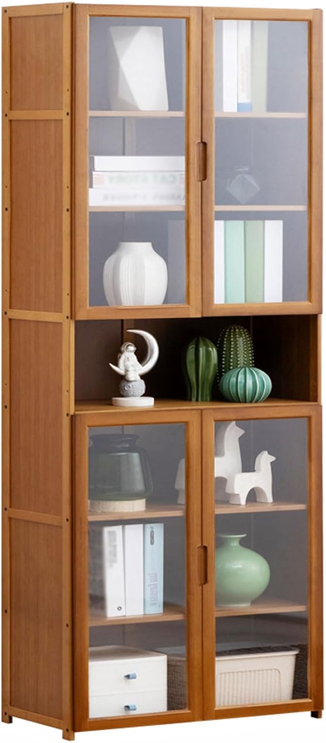 HUHJYUGE Bamboo 3/4/5/6/7-Tier Bookshelf, Tall Bookcase Cabinet with Clear Doors, Book Storage Multipurpose Organizer Bookshelf, for Home Office Living Room, Brown (7 Tier 60cm)