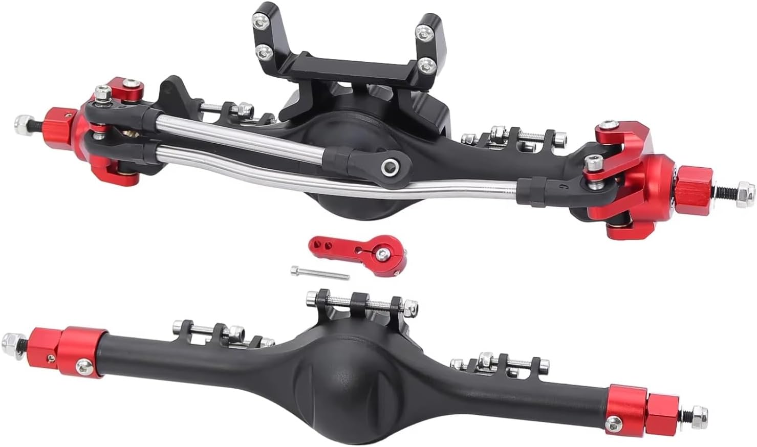 RC Car Front Rear Axle for Axial SCX10II 90046 90047 1/10 RC Car Crawler Upgrade Parts Aluminum Front Rear Straight Complete Axles Set Servo Mount(Red,1Set)