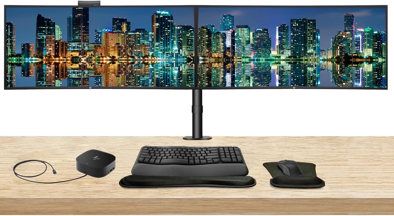HP Series 5 Pro 34-inch 534pm Curved 2K WQHD Conferencing Monitor 2-Pack Bundled with Desk Mount Stand, USB-C Multiport G5 Dock, MK670 Wireless Keyboard & Mouse, Gel Mouse & Wrist Pad