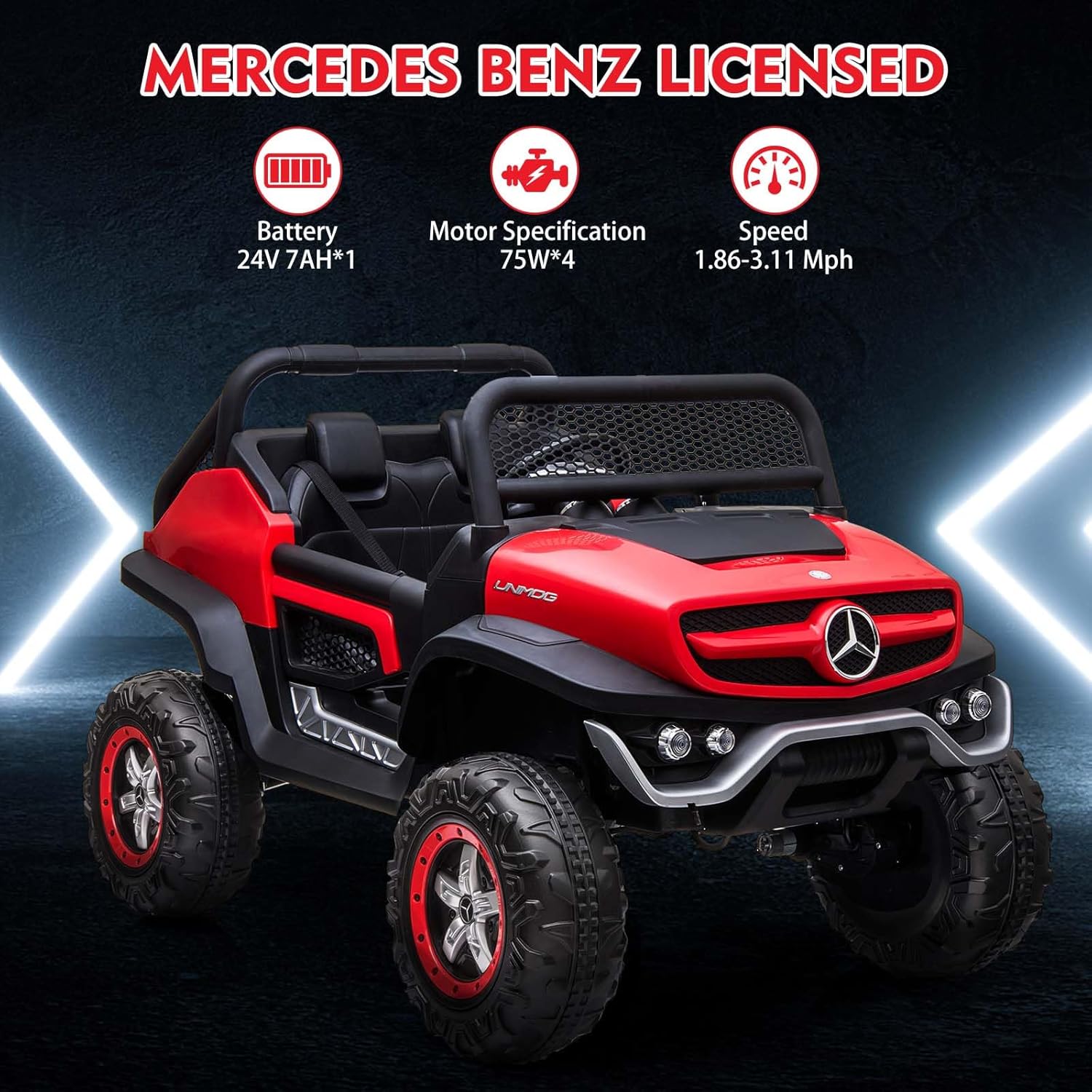 24V Ride On Truck Car for Kids 2 Seater Licensed Mercedes Benz Toddles Electric Car Ride On Toy with Remote Control, Trunk, Battery Display, Spring Suspension, Led Lights, USB&Music, Red