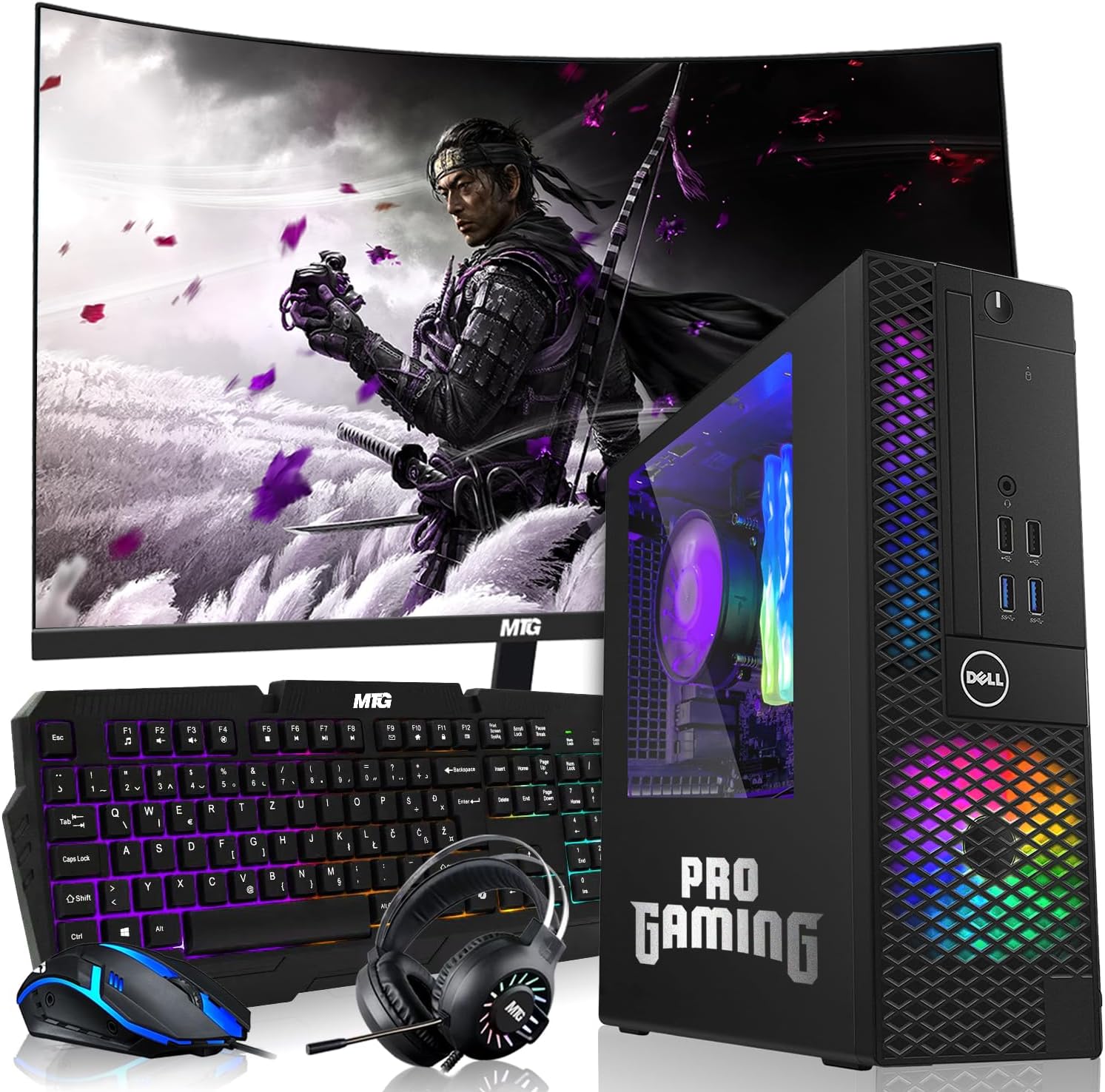 Dell OptiPlex Desktop PC – Intel Core i7, 32GB ARGB RAM, 2TB SSD, 24 Inch Curved Monitor, GT 1030 Graphics, RGB Keyboard with AI Copilot Key, Mouse & RGB Headphones, Windows 11 Home (Renewed)