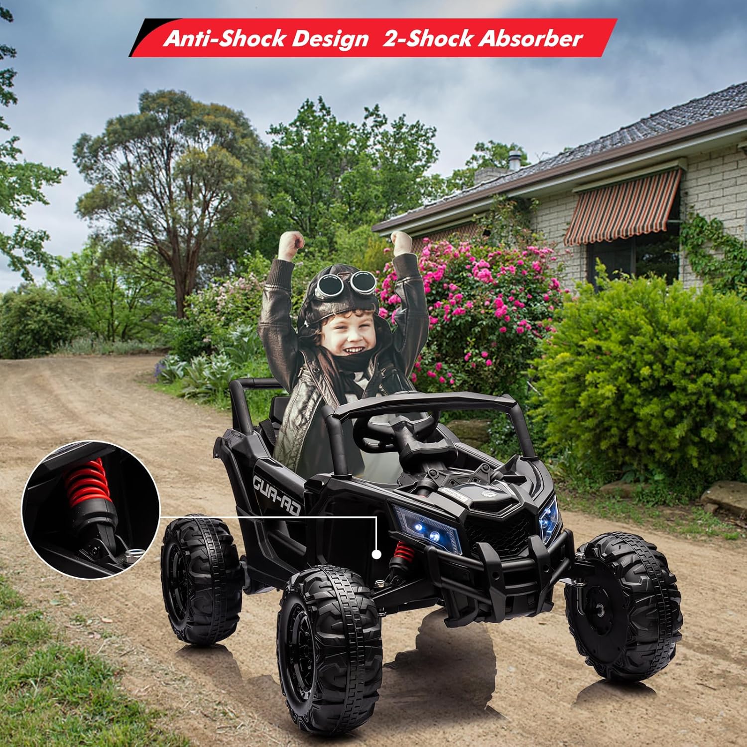 2 Seater Ride On Car, 24V Kids Ride On UTV Car w/Remote Control, 2×200W Motor Electric Vehicle, Spring Suspension & LED Lights, Off-Road Toy for Kids