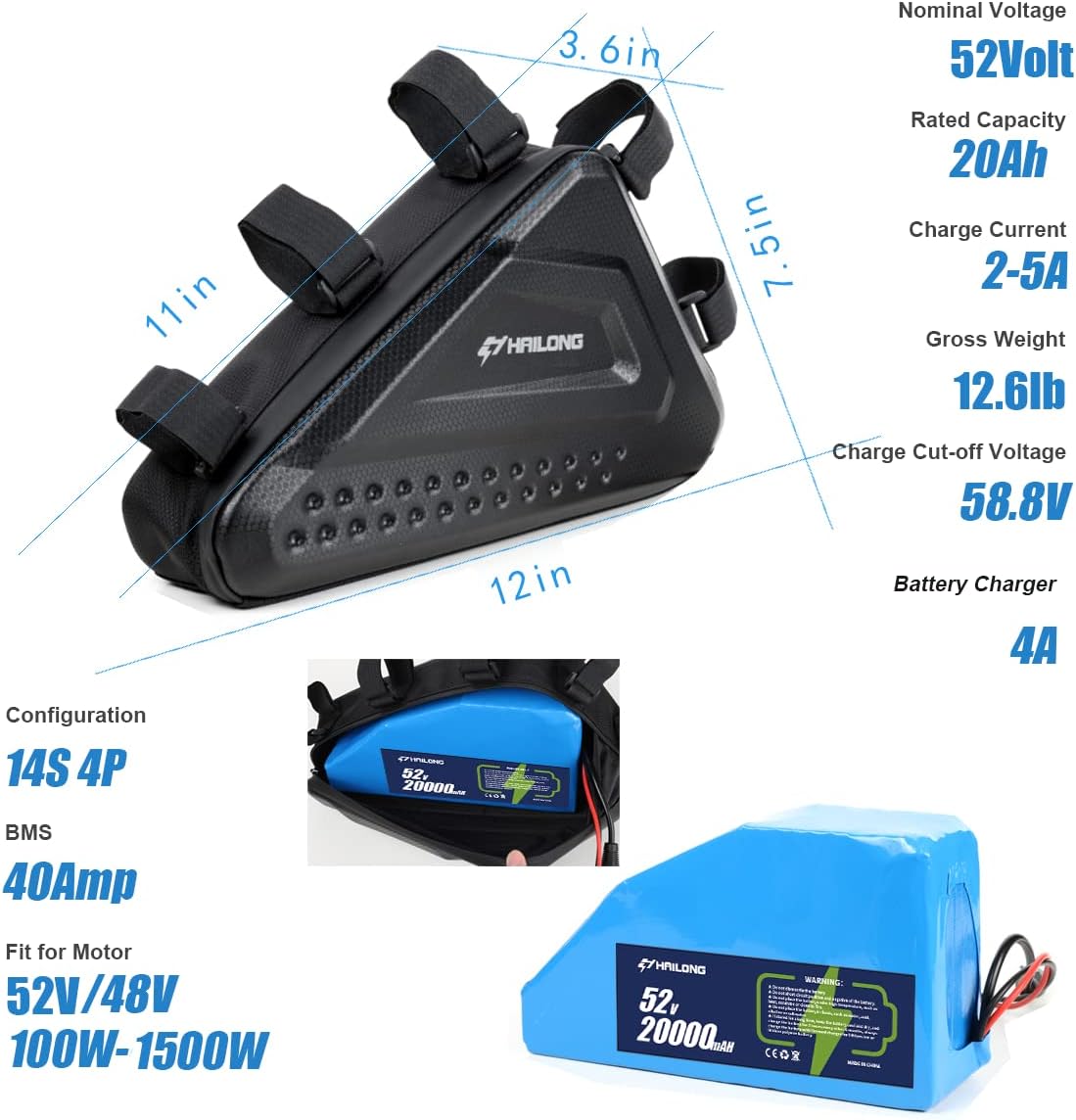 H HAILONG 36V 48V 52V Universal Power Pack with Waterproof Case for 250W-1500W Motor for Mountain Bike Motor Bike/Trike/Scooter Conversion Kit