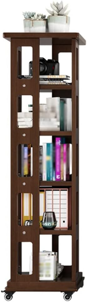 5-Shelf Wood Bookcase, Rotatable 360 Degree Casters, Freestanding Display Bookshelf, Solid Wood Floor Standing Living Room Shelves, for Home Office (Color : Walnut, Size : 5 Layers)
