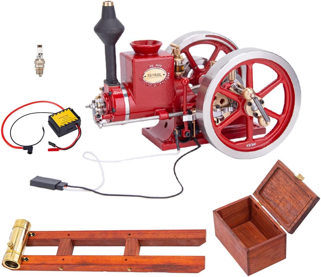 Retrol Engine Model That Works, Retrol HM-01 7cc Engine 4-Stroke Horizontal Hit and Miss Engine Internal Combustion Engine Model, One Key Start Metal Engine Science Toys for Adults