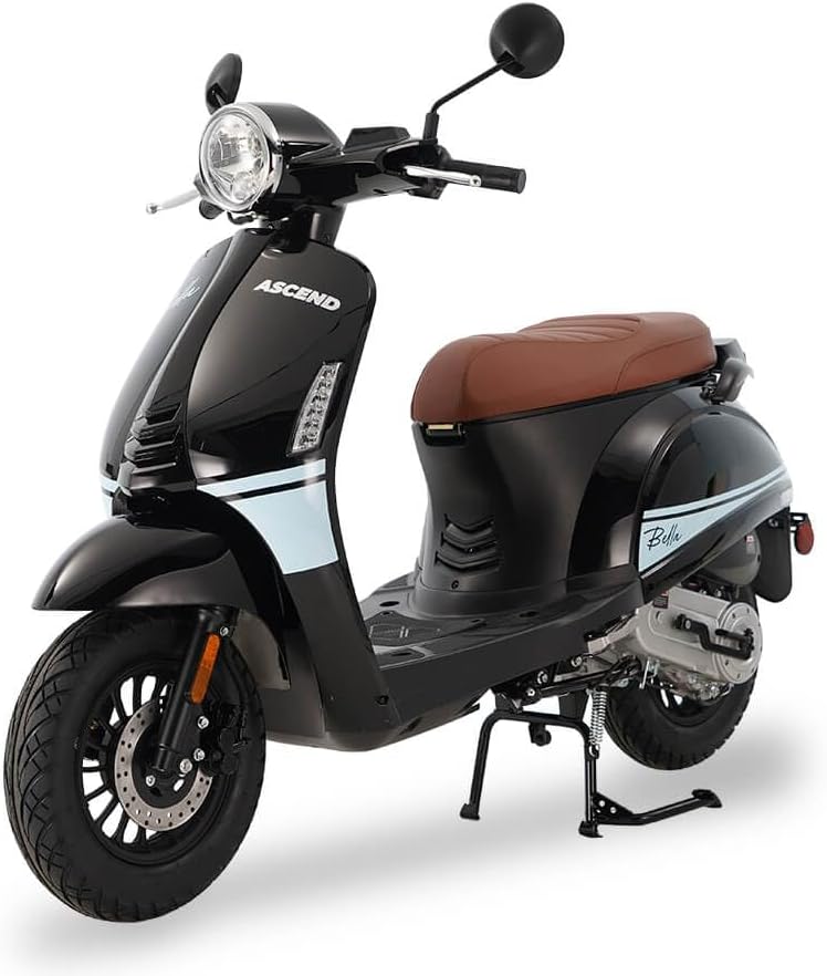Bella PMZ50-5 Urban Scooter, Classic Design with Brown Leather Seat, Available in White,Black,Grey Colors, LED Lighting System