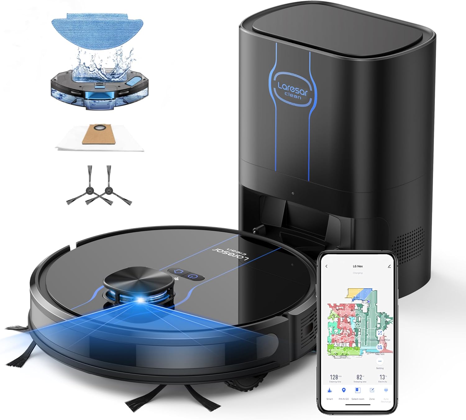 Robot Vacuum and Mop, 5000Pa Self-Emptying Robot Vacuum Cleaner, Lidar Navigation Robotic Vacuums with Smart Mapping, 180 Min Max, No-Go&No-Mop Zones, APP Voice Control for Pet Hair, Carpet