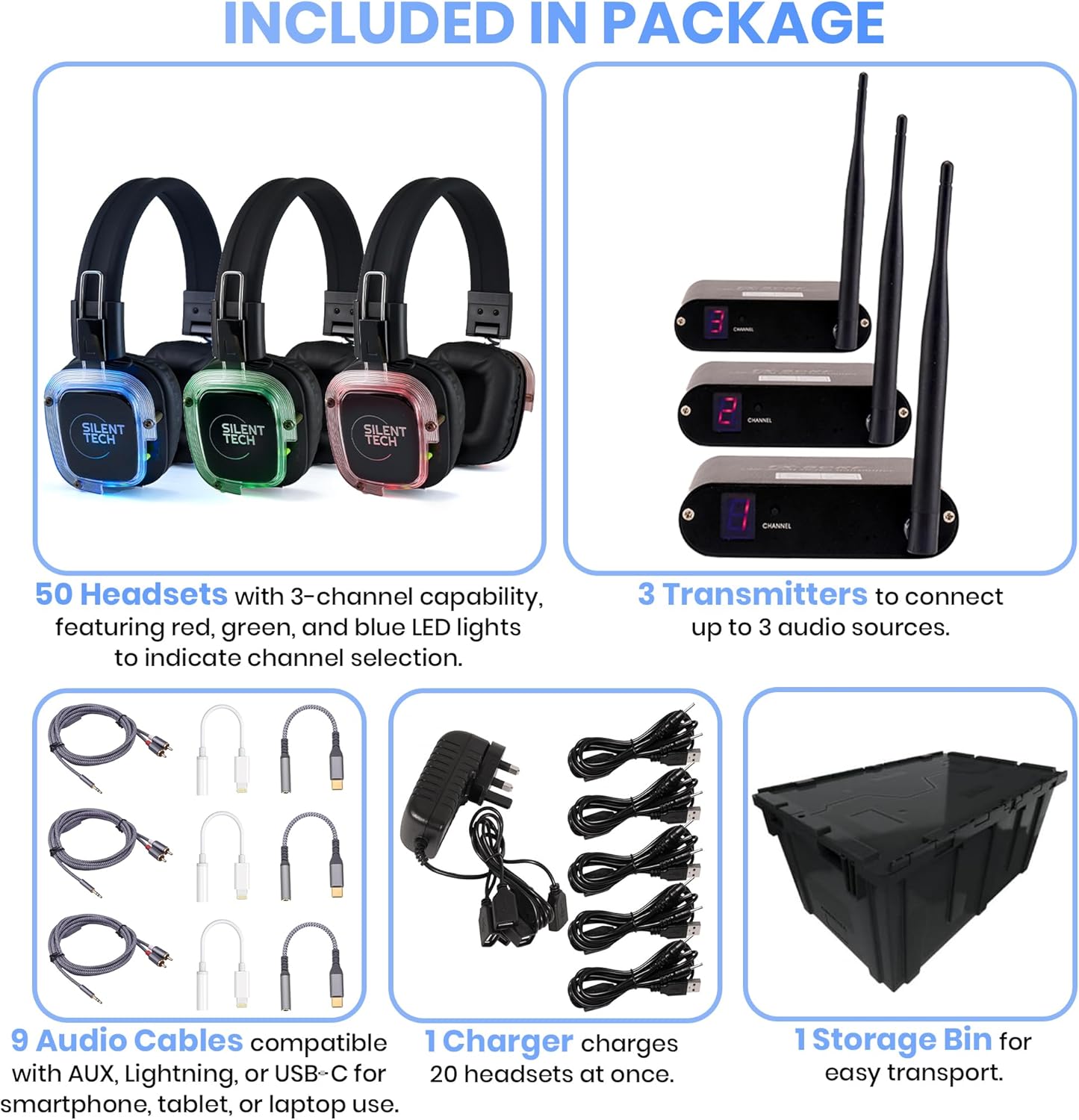 Silent Disco in a Box – 50 LED Wireless Headphones, 3 Channel Transmitters, Plug & Play for Smartphones, Laptops, Tablets, 10 Hour Battery, 500-Yard Range – Silent Disco Headphone System