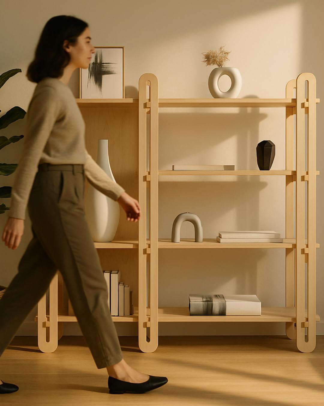 ENZZAMBLA | Wooden Bookcase, Easy to Assemble, Ideal as a Decoration in The Room, Four Shelves, Light, Practical and Resistant, 46X46X14in