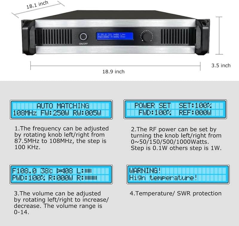 1000W FM Stereo Broadcast Transmitter +1-Bay Antenna+30M Cable for Church, Professional 1000watt High Power Long Range FM Radio Transmitter Kit for Broadcasting Equipment for Radio Station