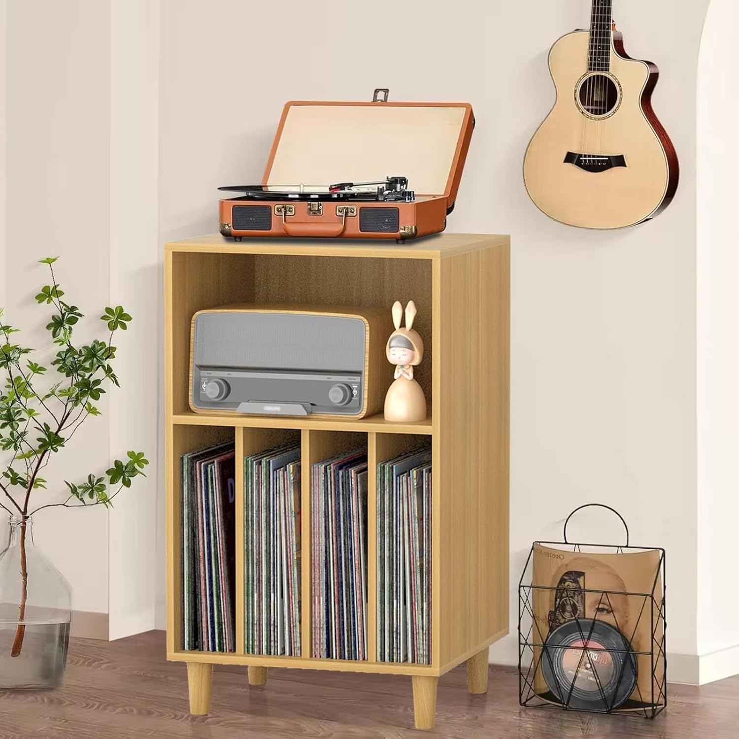 Audio-Video Stand for Record Player and Vinyl Storage - Entertainment Center Table for Living Room with Stereo Component Storage