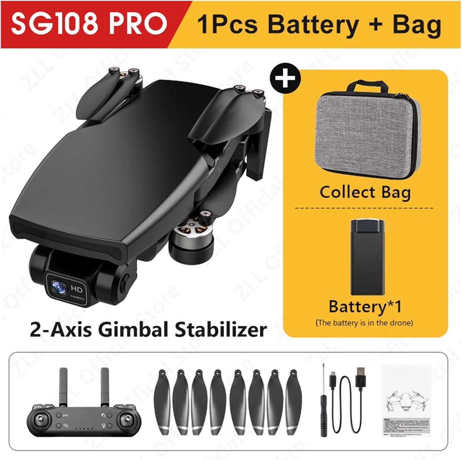 Foldable Drone Quadcopter Two- Gimbal Camera Drone GPS 5G WiFi 4K Mini Quadrocopter Professional Brushless Motor Dual Cam RC Drone (Color : Black 2B Bag Size : 1) (Pro Blac 1B Bag 1)