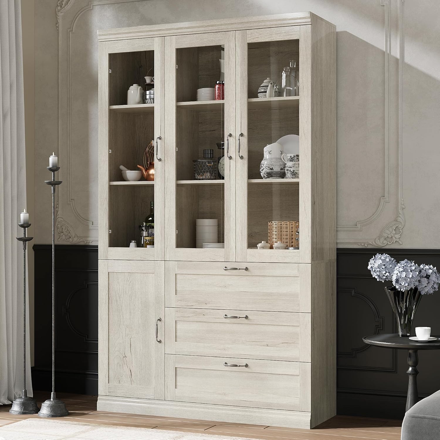 Hitow Tall Bookshelf with Glass Doors, 4-Door Bookcase Storage Cabinet with 3 Drawers, 47.2