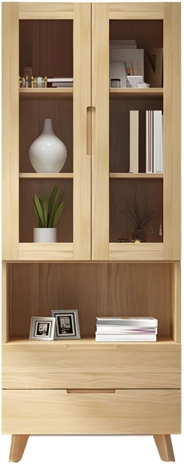 LITFAD Freestanding Floor Bookcase Wooden Closed Back Bookshelf Organizer with Doors and Drawers Modern Home Office Book Storage Cabinet for Living Room, Bedroom, Library, Pine-A