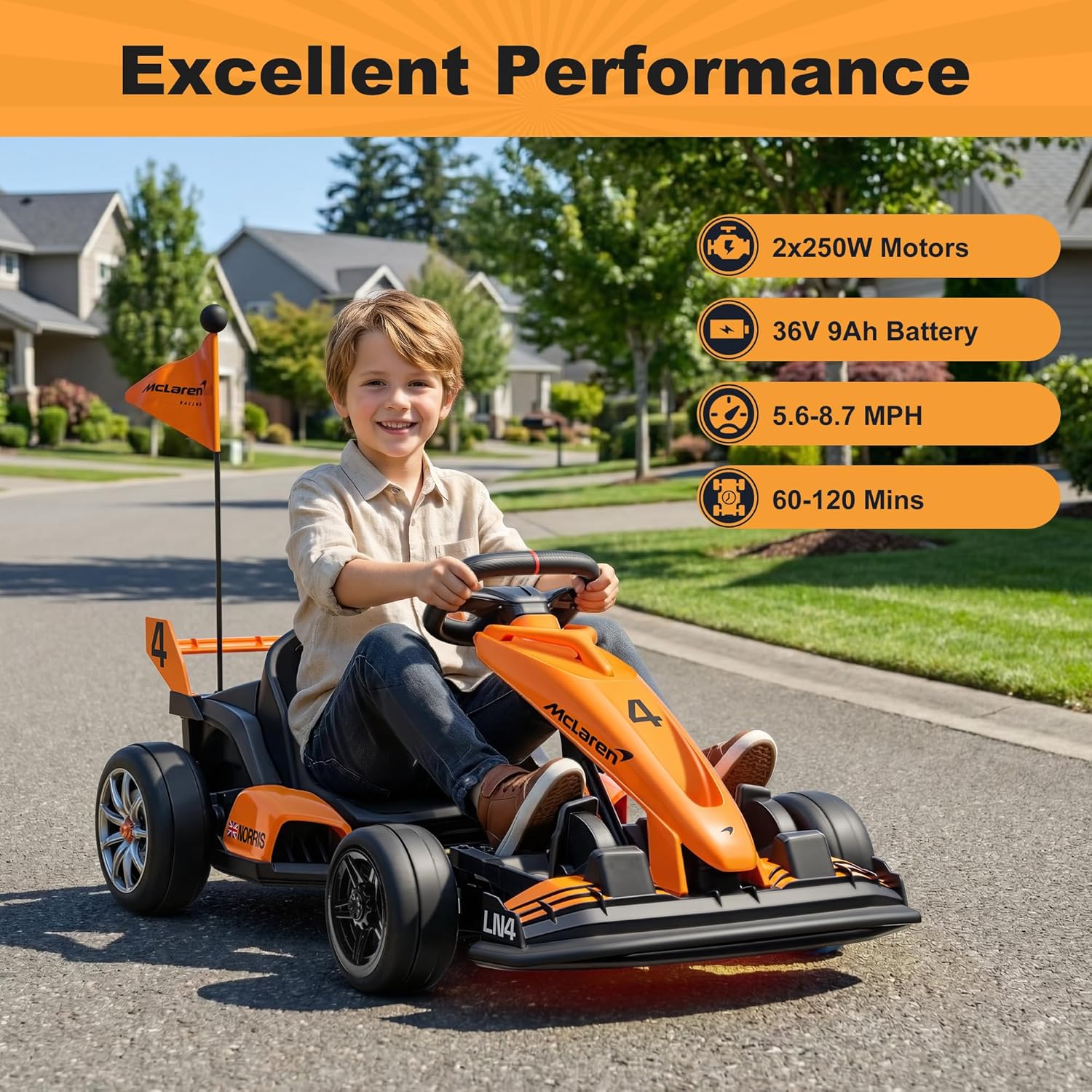 ENYOPRO 36V 9Ah Electric Go Cart for Kids, Licensed McLaren Go Kart w/3-Section Adjustable Seat, Soft Start & Brake Pedal, Electric Drift Kart w/LED Lights, 8.7 MPH, Crazy Cart for Kids 6-12 Years Old
