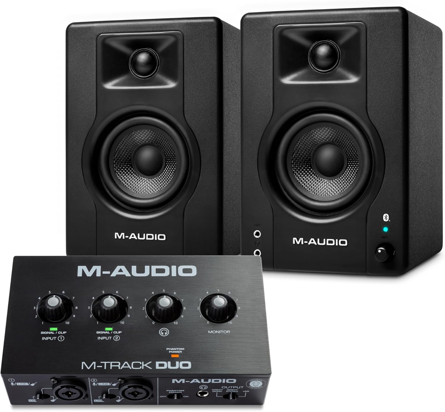 M-AUDIO BX3 Pair Bluetooth Studio Monitors Bundle with Dual XLR Audio Interface for Studio Recording, Music Production, Podcasting, Streaming