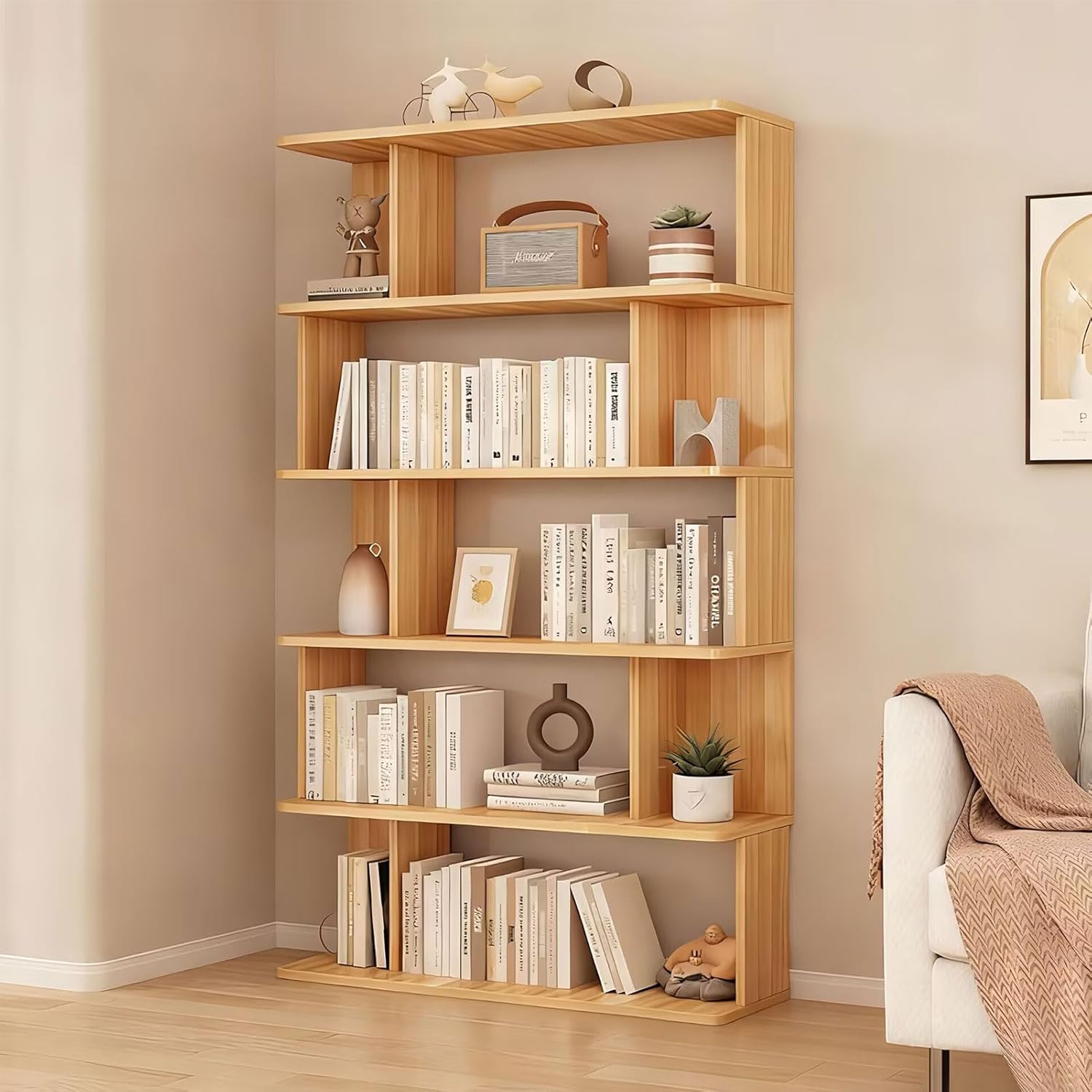 YKLYTBD 5-Tier Walnut Wooden Geometric Bookshelf, 62.9