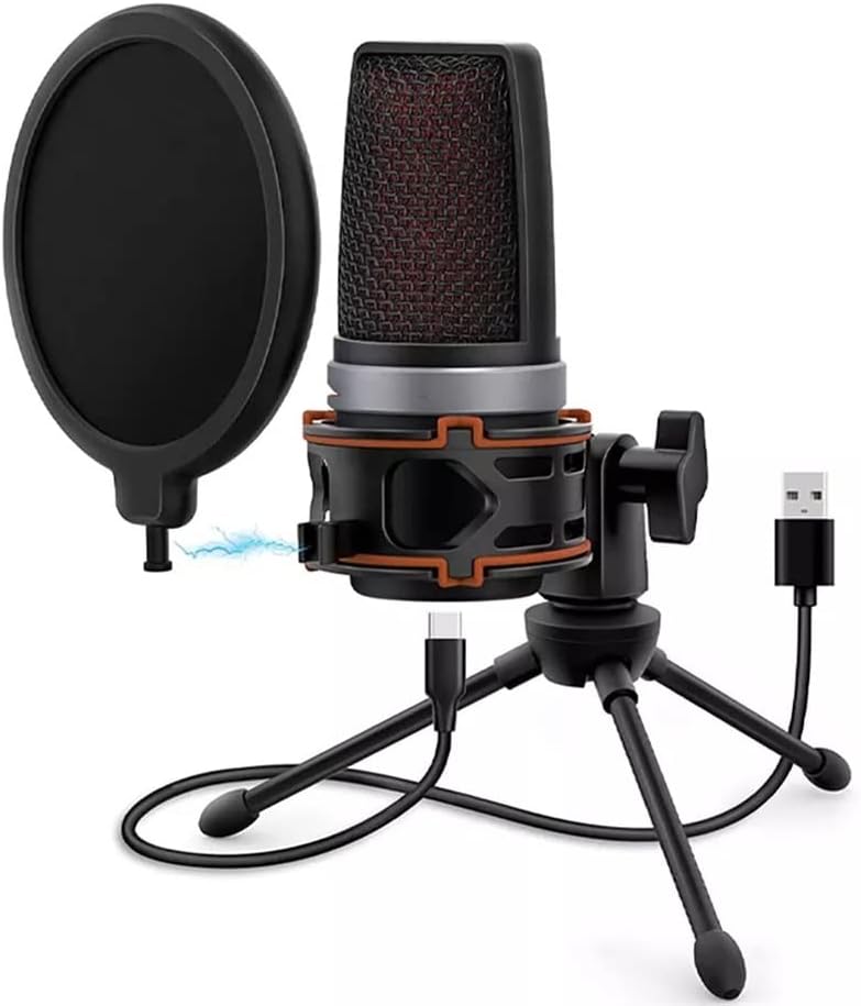USB Computer Microphone Cardioid Condenser Microphone for Computer with Anti-Shake Filter, Anti-Vibration Bracket, Mute Button (Red One Size)