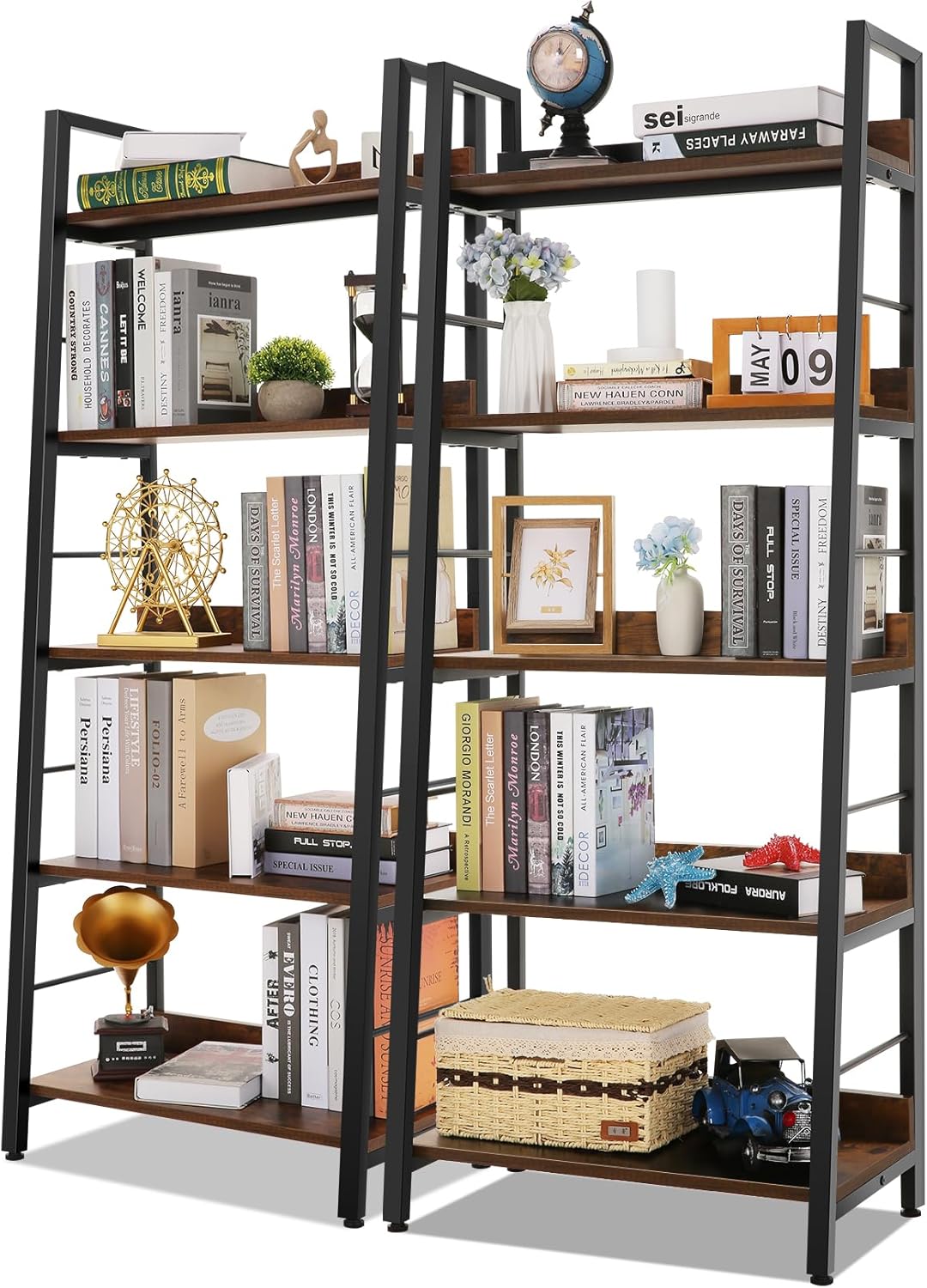 Himimi Ladder Shelf Set of 2, 5-Tier Ladder Bookcase, Industrial Bookshelf Wood and Metal Bookshelves, Plant Flower Stand Rack Book Storage Shelves for Living Room, Bedroom, Home Office, Rustic Brown