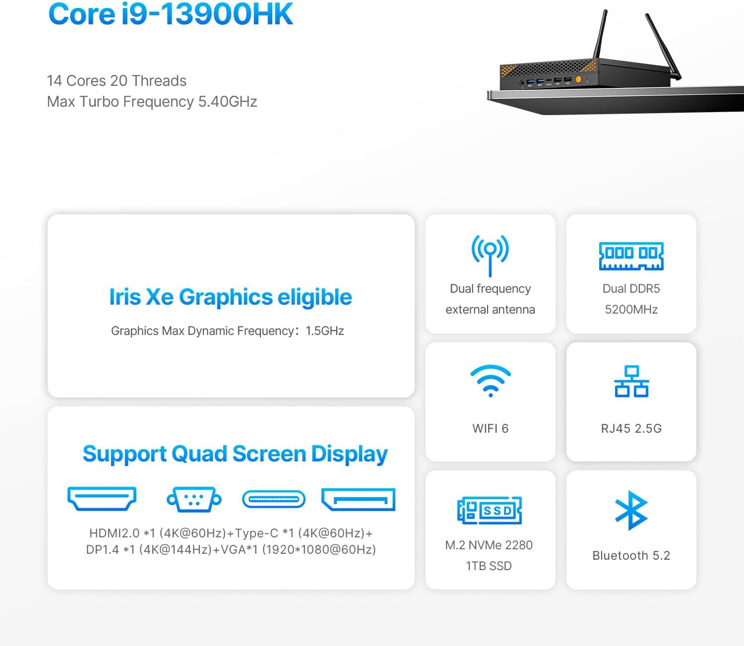 AG3 Mini PC with Core i9-13900HK (14C/20T, Up to 5.4GHz) 32GB DDR5 RAM 1TB PCIe SSD Mini PC，Quad Display/Dual LAN/HDMI/DP/Wi-Fi6/BT 5.2 Mini Desktop Computer