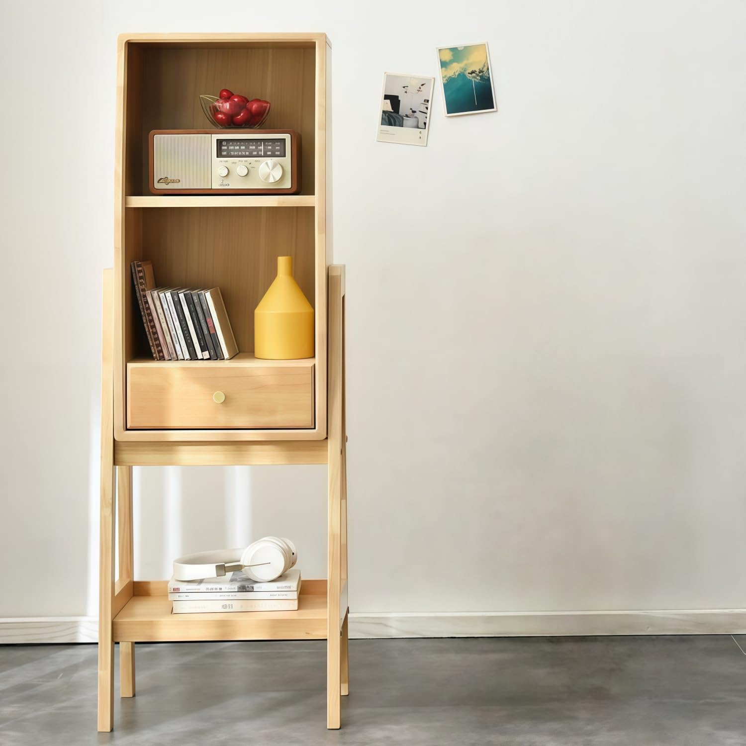 Kavie Trapezoid Stable Bookcase, Rubber Wood A-Frame Storage Cabinet, Nordic Style Drawer Side Table for Bedroom, Living Room (Natural,14.7