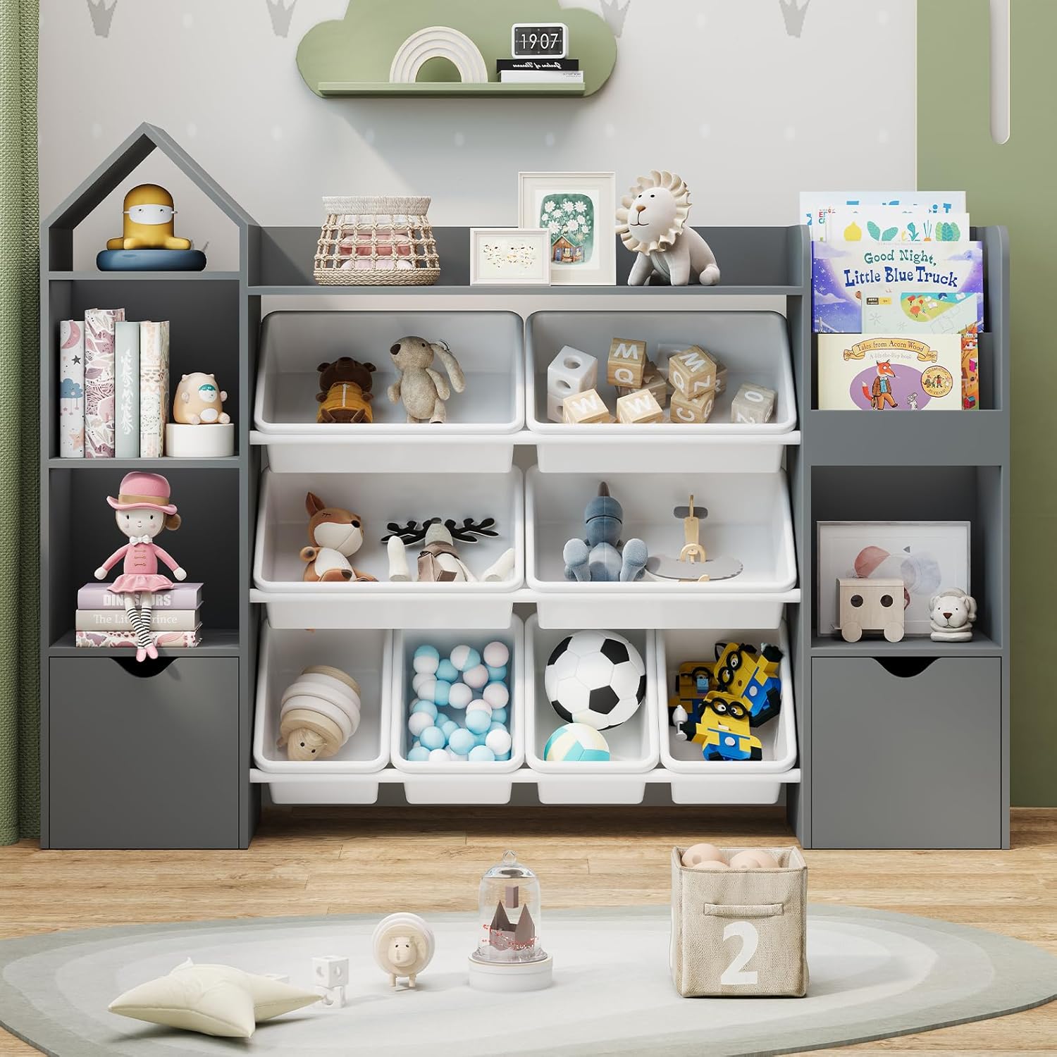 Toy Storage Organizer for Kids, Grey Bookcase With 8 Removable Toy Bins, 4-Tier Toy Storage Organizers W/4 Storage Cubbies, Bookshelf 2 Toy Storage Box on Wheels for Kids Room, Playroom, Bedroom