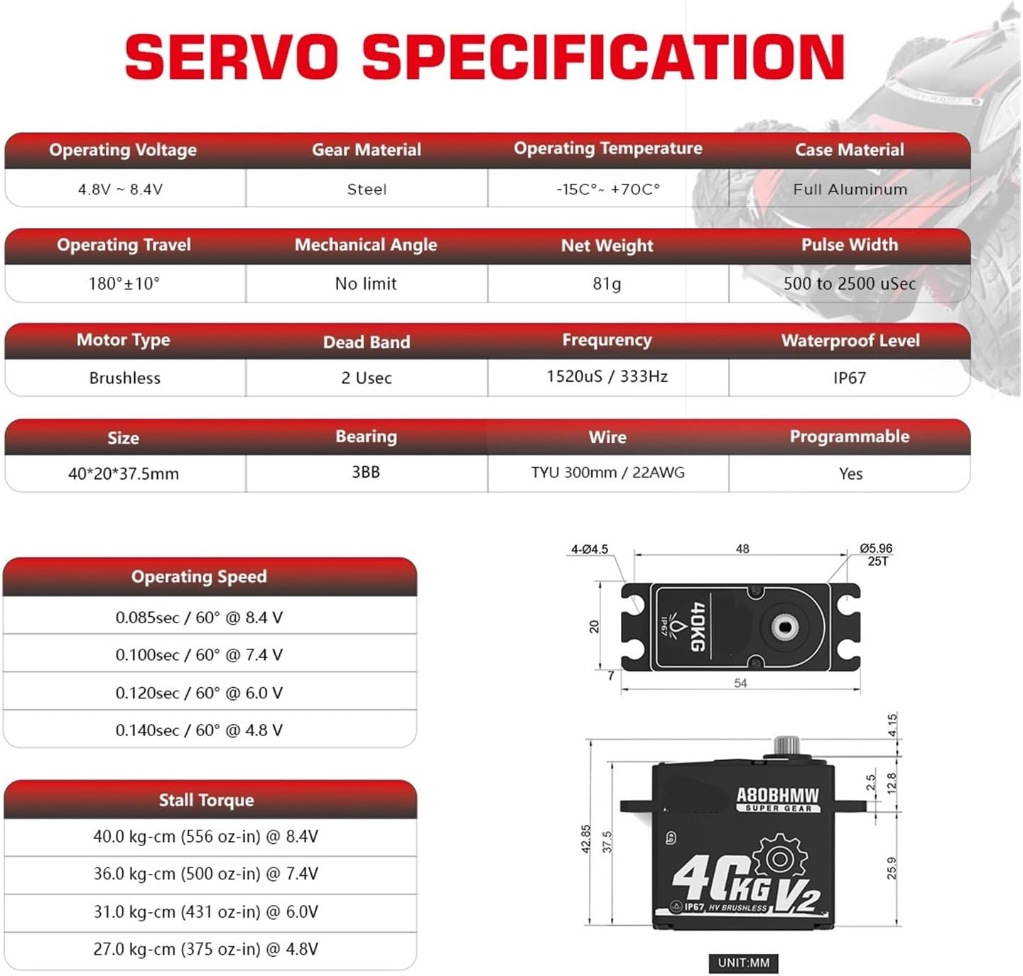 A80BH V2 Steel Gear 40KG Programmable Waterproof RC Steering Servo for 1/10 Scale(A80BHMW V2 40kg Set3)