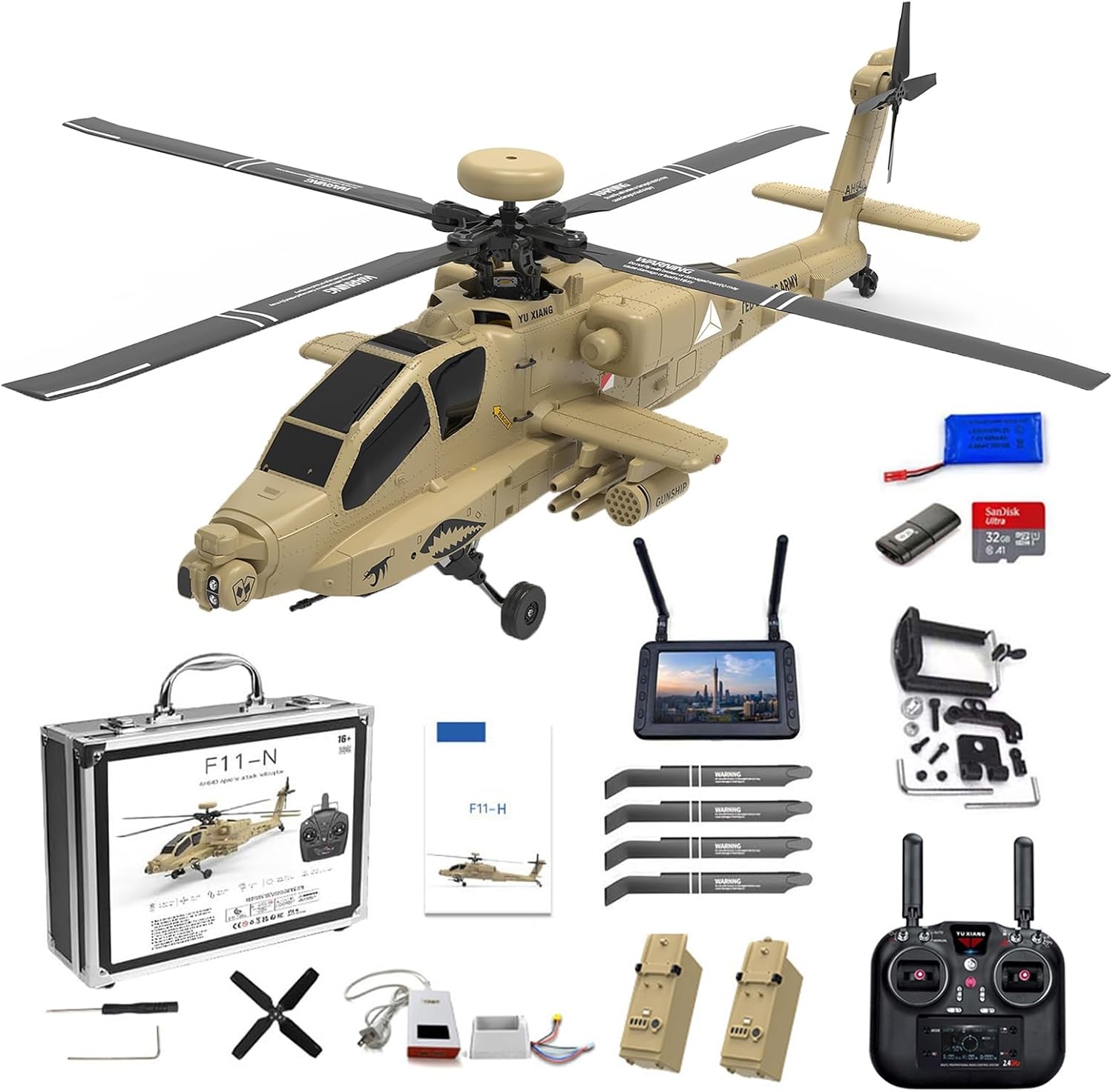Apache RC Helicopter, 1/32 Scale 2.4G 4CH Single Rotor Heli Military Aircraft with One-Key Start Altitude Hold Remote Model Birthday Gift for Enthusiasts Adults(with Camera)