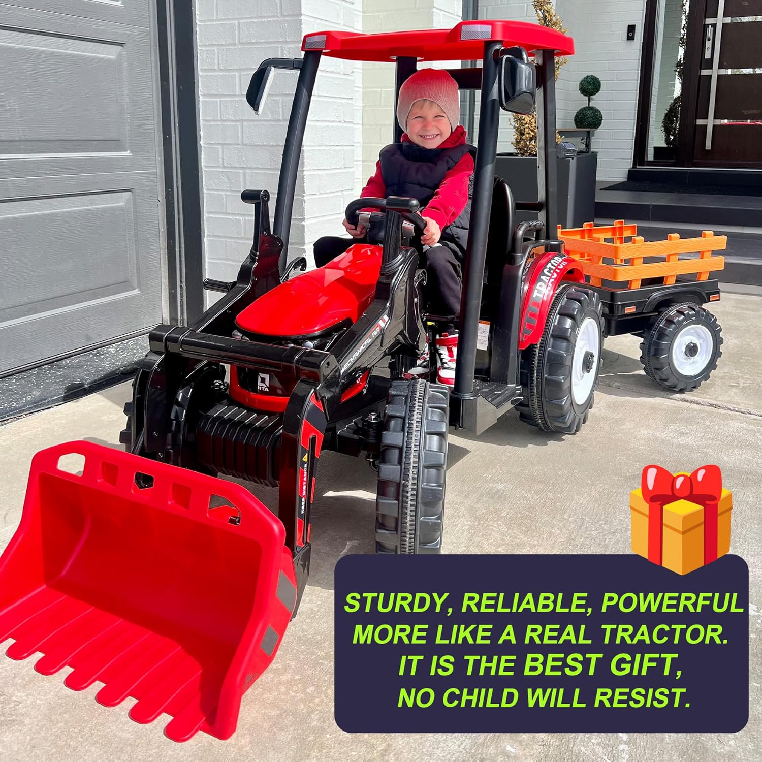 Kidsera 24V Kids Ride on Tractor with Trailer & Front Loader, 3 In1 Tractor 4-Gearbox 24volt Dual Motors Metal Frame, 24V Ride on Toys for Big Kids, Power Wheels Kids Electric Vehicles (Red)