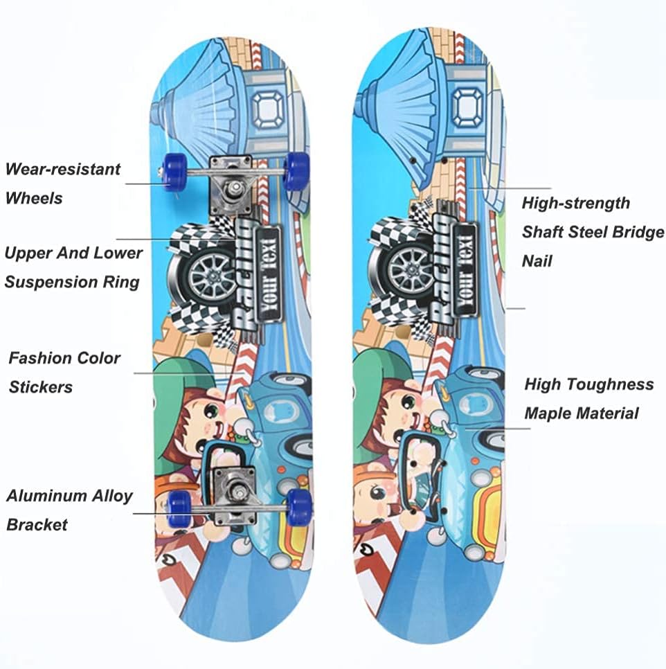 Skateboards for Beginners 31 x 8 inch Complete Skateboard for Kids Teens and Adults 7 Layer Canadian Maple Double Kick Deck Concave Cruiser Trick Skateboard (D)
