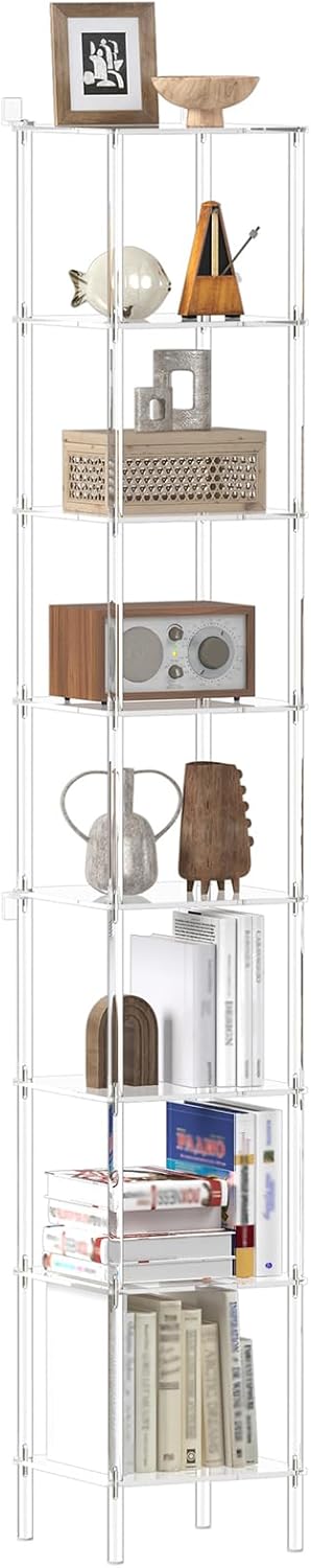 CRTERICX 8-Tier Square Acrylic Bookshelf, Clear Tall Narrow Bookcase for Small Space, Corner Open Display Book Shelves for Home Office, Living Room, Bedroom, Modern, 11.6''W x 73.7''H