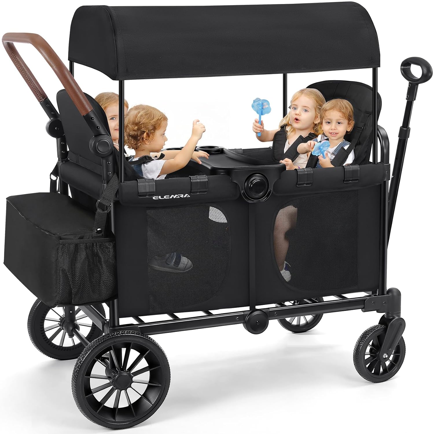 ELEMARA Wagon Stroller 4 Seater, Premium Stroller Wagon for 4 Kids, Foldable All-Terrain Wagon for Kids with Canopy, Adjustable Push/Pull Handles,Convertible High Seat&Organizer, Black