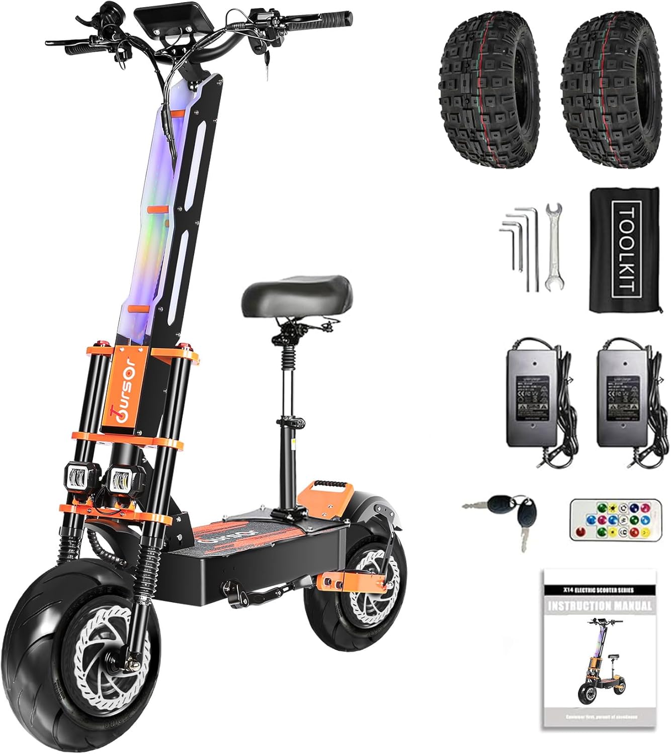 Adult Electric Scooter with Seat, 60V 8000W Dual Power, Orange Finger Hook Vertical Handlebar with LCD E Scooter, 340lb Capacity, 13