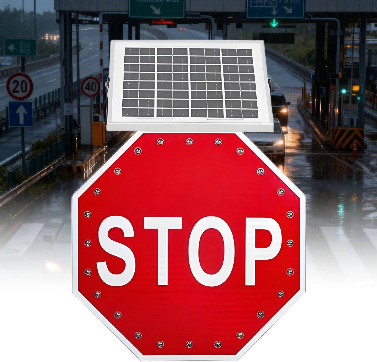 Solar LED Blinking Traffic Stop Signs - 32in Reflective Warning Signs, Solar Powered for Construction & Highway Safety - 2-Piece Set for Enhanced Visibility