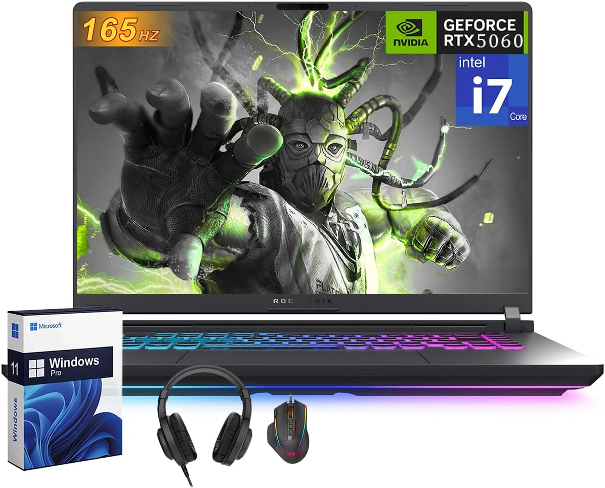 ASUS ROG Strix G16 Gaming Laptop, NVIDIA GeForce RTX 5060, Intel i7-14650HX, 64 GB DDR5, 4 TB SSD, 16 inch FHD+ 165Hz 3ms, WiFi 7, Dolby Atmos, Hires Audio, HD+ Cam, Windows 11 Pro, Accessories