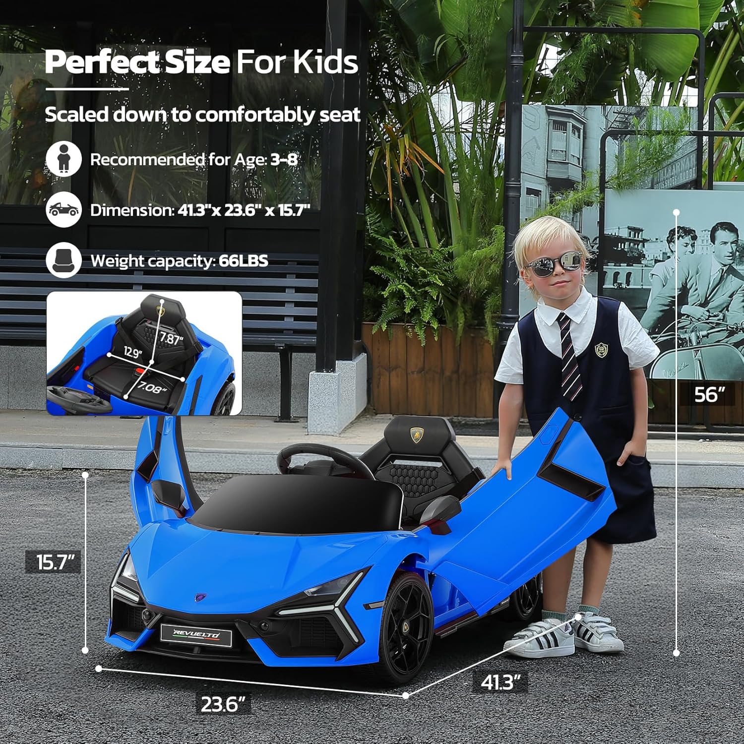 ELEMARA Lamborghini Ride On Car with Scissor Door, Electric Vehicle for Kids with Remote Control,Kid Cars to Drive with MP3 Player, Bluetooth, LED Light and Wide Seat, Navy Blue