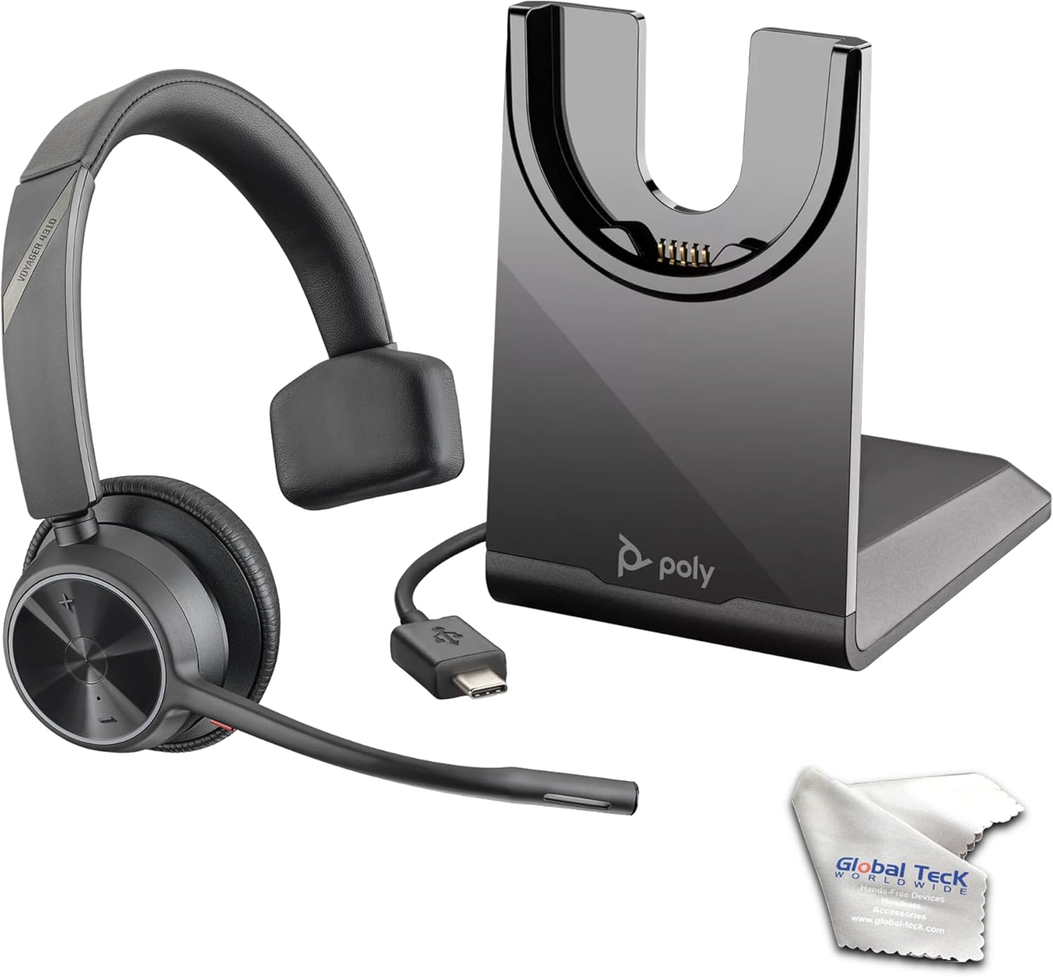 Poly Voyager 4310 - UC Wireless Bluetooth Mono Headset (USB-C) with Charge Stand - Bundled with Global Teck Microfiber Cloth - Compatible with Deskphone, PC/Mac, Works with Zoom, RingCentral, Vonage