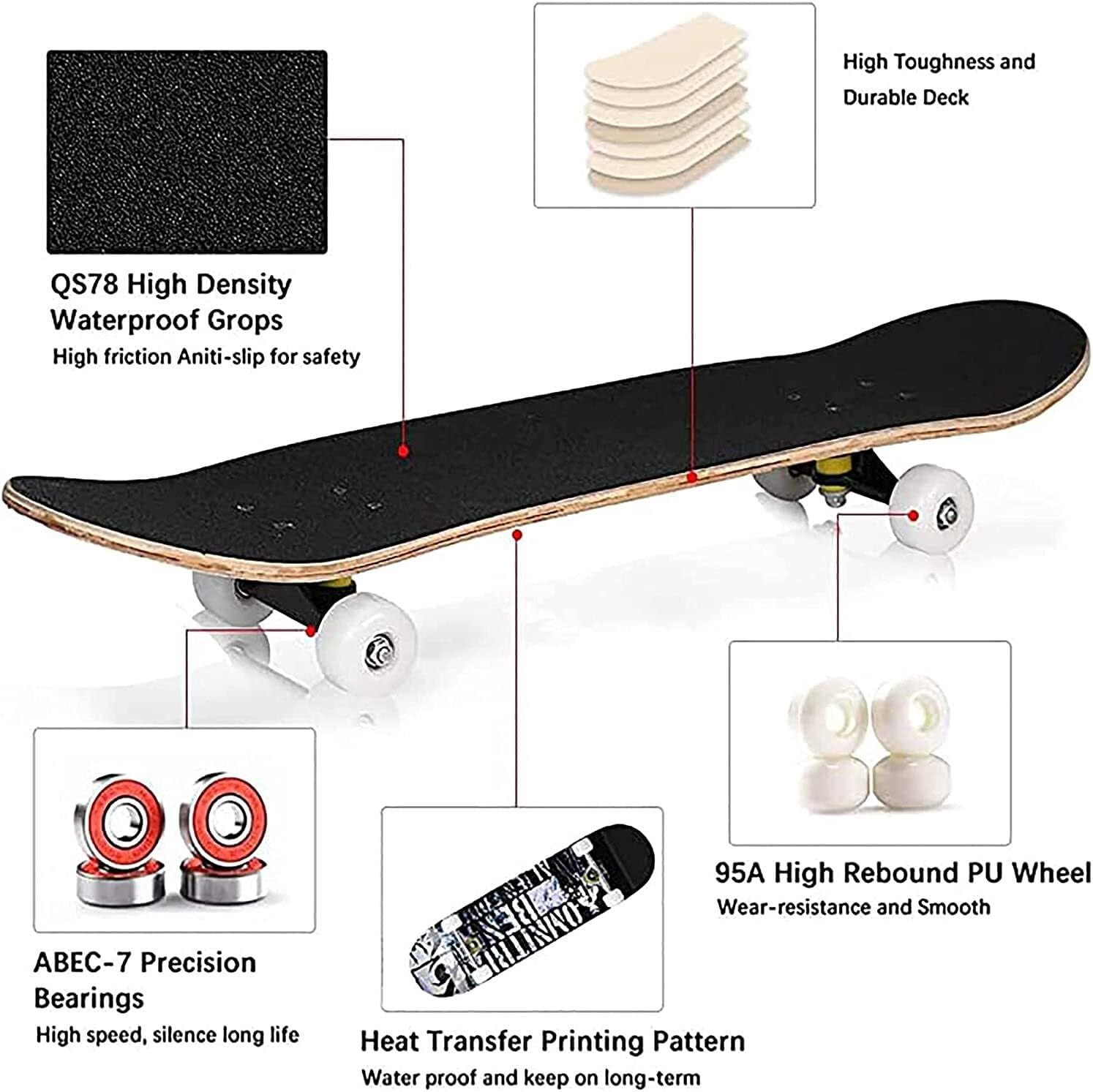 Four-Wheel Skateboard, 7-ply Maple Deck, Professional Standard Double-kickboard for Beginners