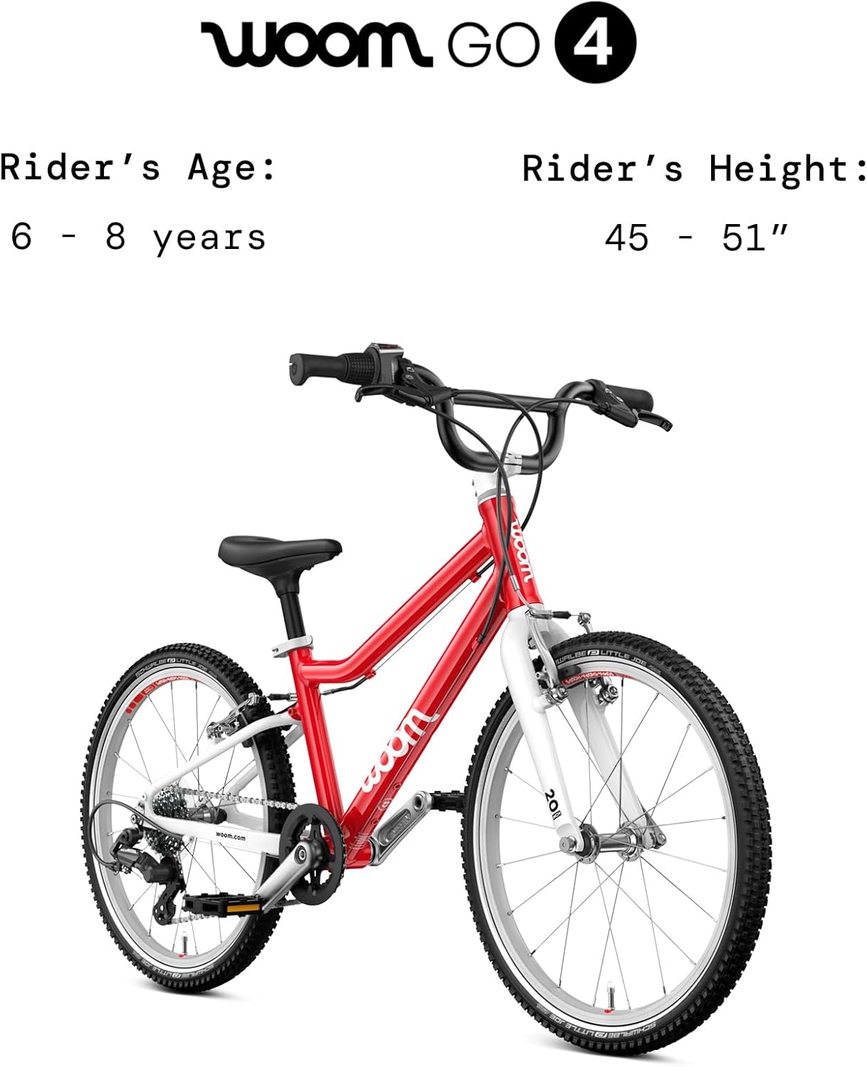 woom GO 4 Bicycle for Kids 6 to 8 Years Old, 20-Inch Lightweight 7-Speed Bike for Beginner Riders with Handbrake for Boys & Girls