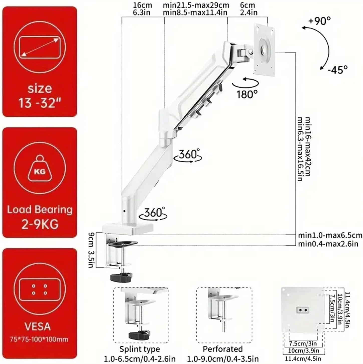 Adjustable Monitor Stand, Monitor Arm Desk Mount, Single Computer Stand for 13-32 Inch Screens (with Clip)(White)