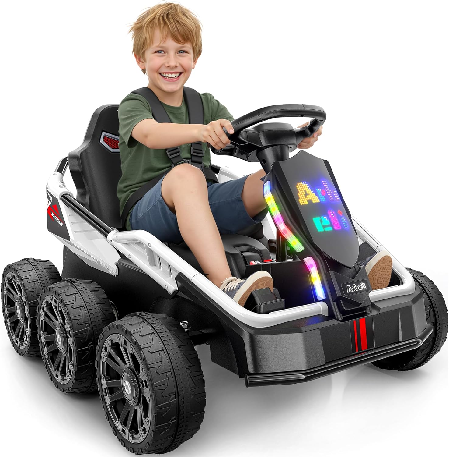 24V Ride on Car for Kids Aged 3-12, No Height Limit, 4WD All-Terrain Ride On with Remote Control, 6-Wheel Stability, Metal Frame Protection, Max 5Mph, LED Display, Bluetooth Music, White
