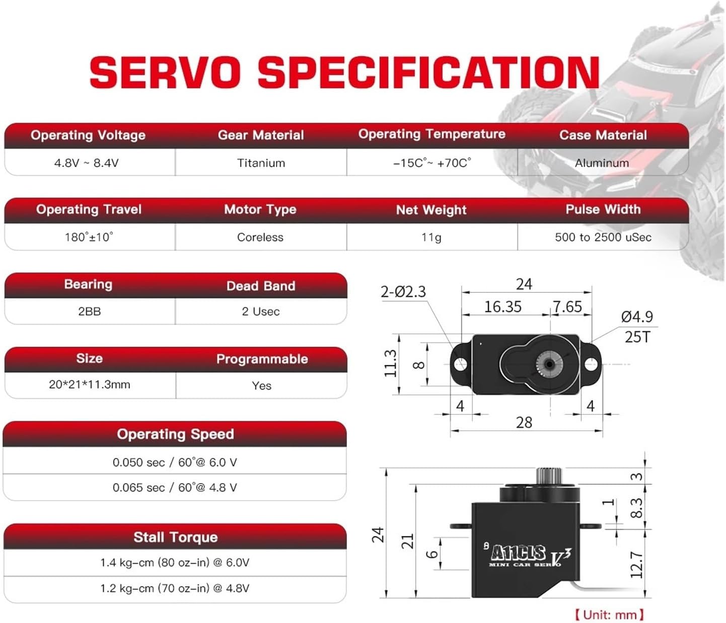 Digital Servo A11CLS V3 Super High Speed ​​1.4KG Coreless Programmable Motor Servo Suitable for 1/28 1/27 1/24 1/18(JST with Gyro)