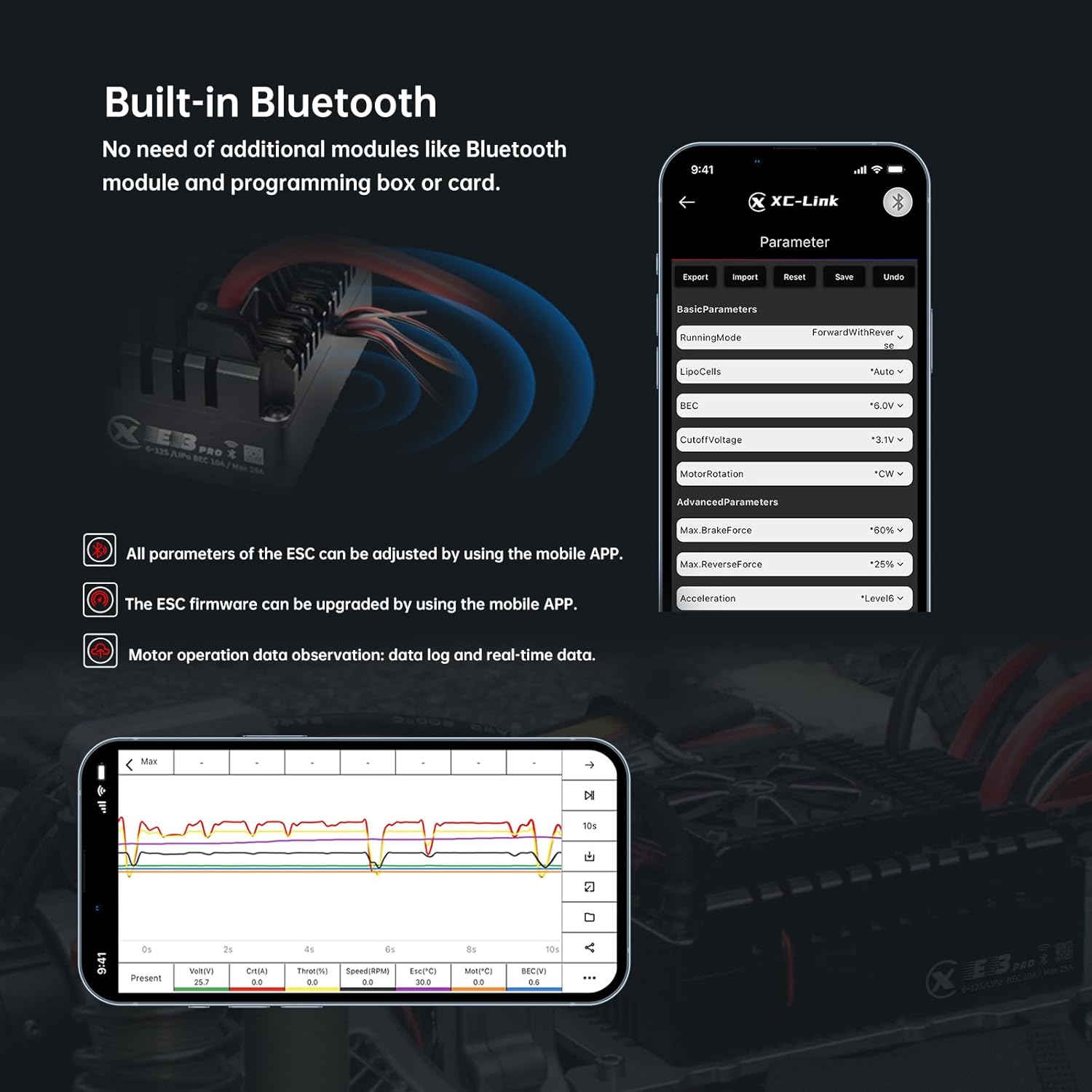 XC E3Pro Sensored Electric Brushless Motor Controller for RC Car, 6-12S Lipo,400A Continuous Current,10-25A、6.0/7.4/8.4V BEC,Applicable to 1/5,Support Turbo Timing and APP Control