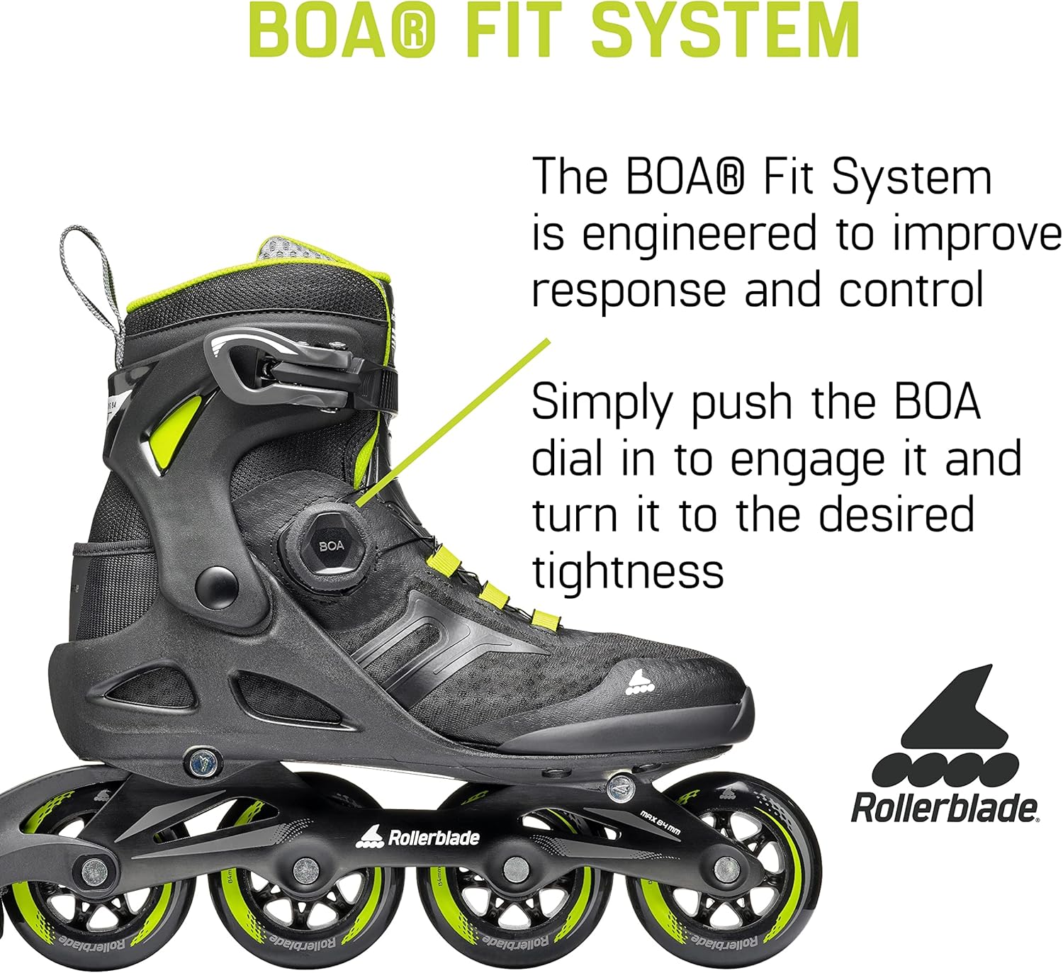 Rollerblade Macroblade 84 BOA, Adult Fitness Inline Skate, Black & Lime, Performance Inline Skates